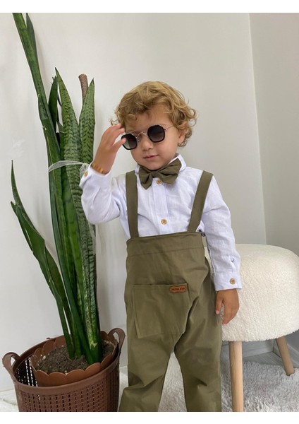 Önden Cepli Salopet Takımı Papyonlu Hakiyeşili