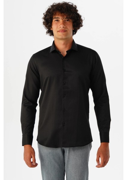 Slim Fit Armürlü Dik Yaka Gömlek