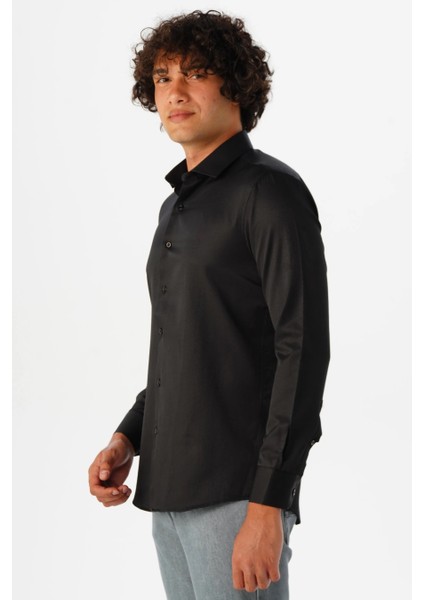 Slim Fit Armürlü Dik Yaka Gömlek