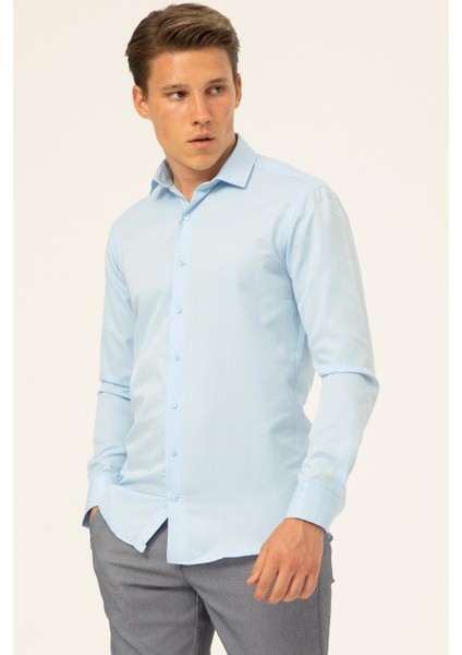 Slim Fit Armürlü Dik Yaka Gömlek