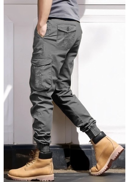 Mevsimlik Antrasit Paçası Lastikli Kargo Pantolon - Likralı, Gabardin