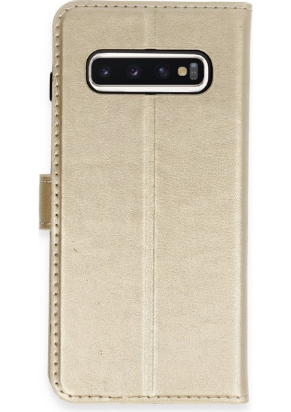 Samsung Galaxy S10 Plus Kılıf Deri Kartlıklı Kılıf Kapaklı Kılıf Cüzdanlı - Gold