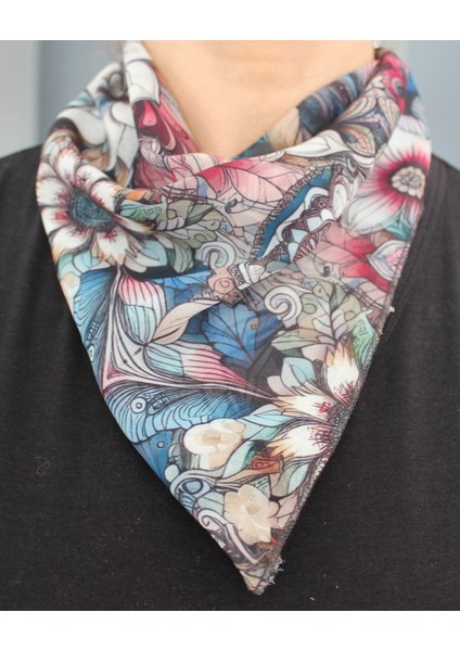 Çiçek Desenli Şifon Fular Bandana Şal