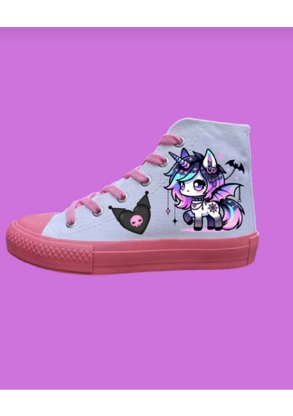 Beyaz Keten Pembe Taban Mor Unicorn Baskılı Çocuk Spor Ayakkabı Sneaker