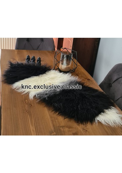 Siyah Tibet Peluş Masa Örtüsü Şık Dekoratif Lüks Elegant Modern Dekoratif Runner.