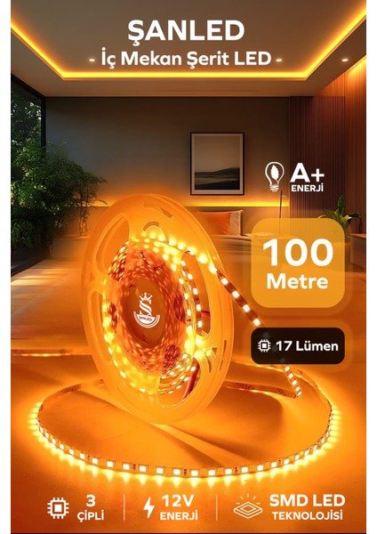 3 Çipli Iç Mekan Şerit Led Tüm Mekanlar-(Trafosuz) 5,10,20,30,40,50,100m