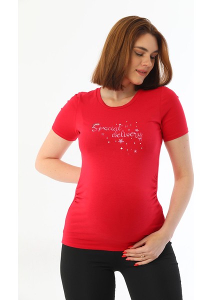 Kırmızı Hamile Bluz Özel Tasarım Baskılı Sim Detaylı Pamuklu Esnek Kumaş