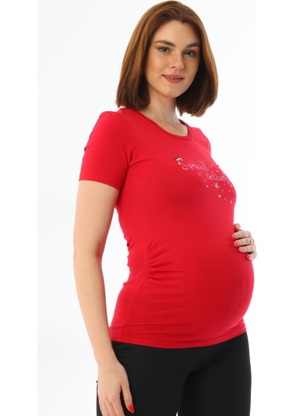 Kırmızı Hamile Bluz Özel Tasarım Baskılı Sim Detaylı Pamuklu Esnek Kumaş modelleri