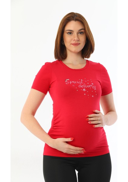 Kırmızı Hamile Bluz Özel Tasarım Baskılı Sim Detaylı Pamuklu Esnek Kumaş fırsatları