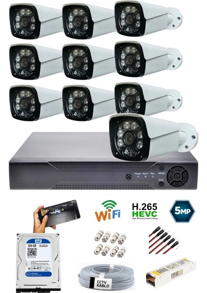 10 Kameralı 5mp Sony Lensli Full Hd Gece Görüşlü Güvenlik Kamerası Sistemi - Cepten İzleme-Gece Görüş 16206