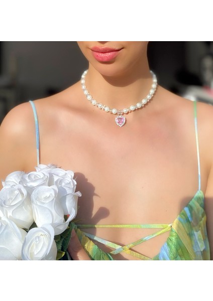 Incili Parlak Taşlı Pembe Kalp Kolye