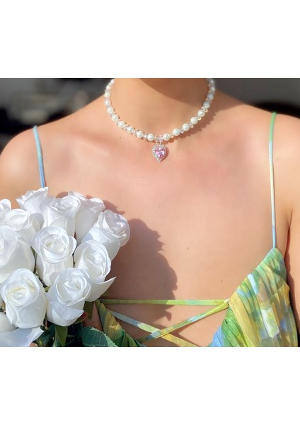 Incili Parlak Taşlı Pembe Kalp Kolye fiyatları