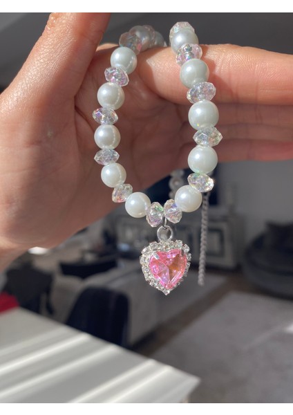 Incili Parlak Taşlı Pembe Kalp Kolye modelleri