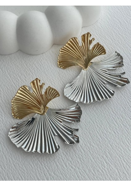 Gold-Silver Yaprak Tasarım Küpe
