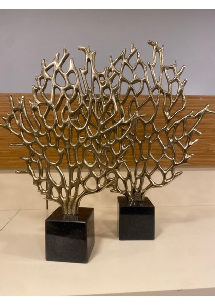 Dekoratif Döküm Pirinç Mermer Hayat Ağacı 2'li Antik Eskitme 47 ve 42 cm