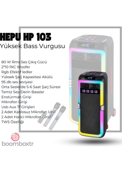 Hp 103 Büyük Boy Taşınabilir Şarjlı Bluetooth Parti Hoparlörü 80 W Rms 2*8 Inc Woofer