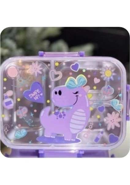BES0019 Mor Dino Desenli Şeffaf Kapaklı 3 Bölmeli 800 ml Çelik Beslenme Kabı