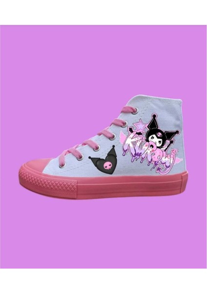 Beyaz Keten Pembe Taban Grafiti Logo Baskılı Çocuk Spor Ayakkabı Sneaker