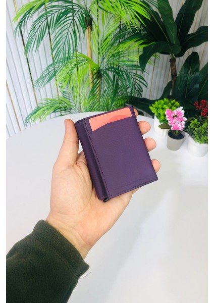 Unisex Mat Mor Deri Otomatik Mekanizmalı Kişiye Özel Kartlık Cüzdan
