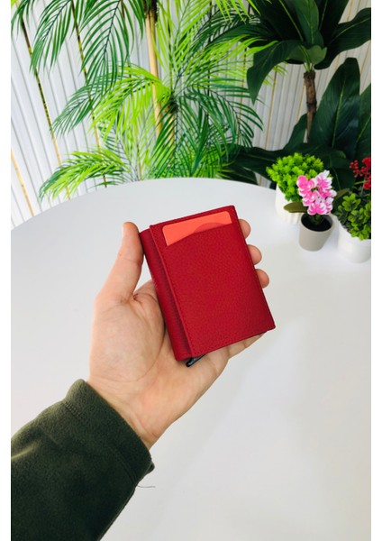 Unisex Mat Kırmızı Deri Otomatik Mekanizmalı Kişiye Özel Kartlık Cüzdan