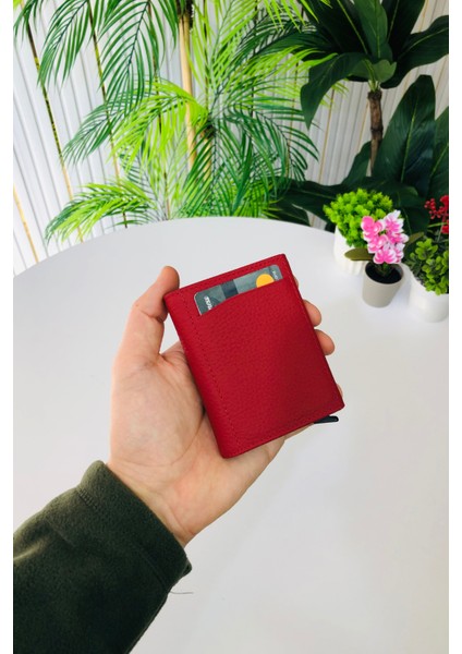 Unisex Mat Kırmızı Deri Otomatik Mekanizmalı Kişiye Özel Kartlık Cüzdan fiyatları