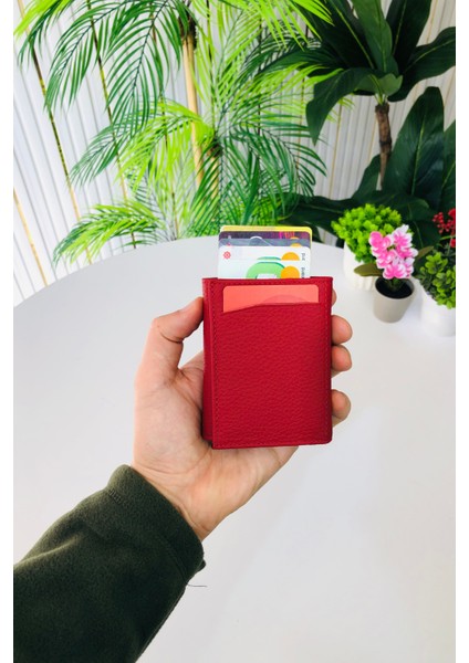 Unisex Mat Kırmızı Deri Otomatik Mekanizmalı Kişiye Özel Kartlık Cüzdan fırsatları