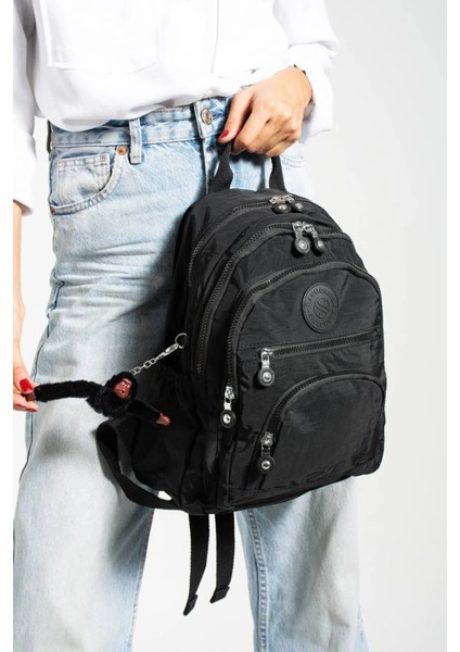 Sanmorris Unisex Suya Dayanıklı Krinkıl Kumaş Çok Gözlü Orta Boy Laptop Okul ve Sırt Çantası