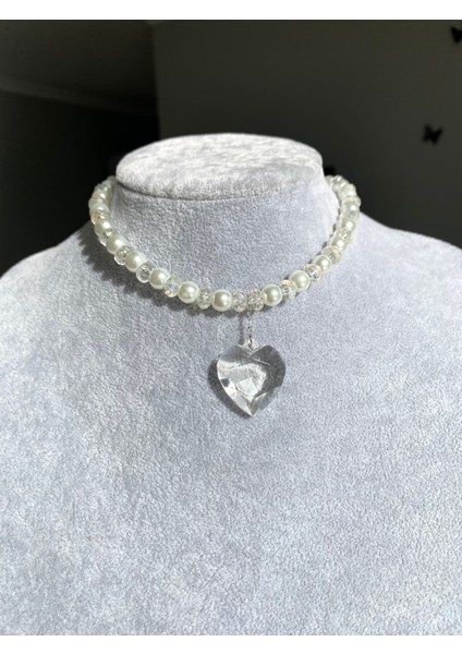 Incili Büyük Şeffaf Kalp Kolye modelleri