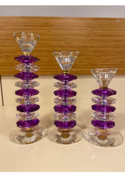 Şamdan Mumluk 3'lü Kristal El Yapımı Mor Şeffaf 27 22 18 cm