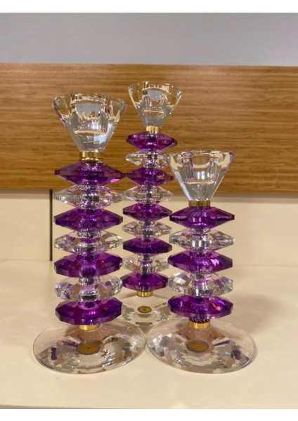 Şamdan Mumluk 3'lü Kristal El Yapımı Mor Şeffaf 27 22 18 cm