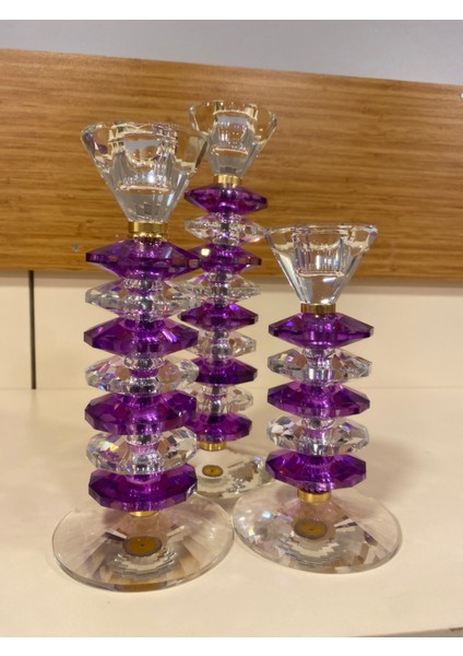 Şamdan Mumluk 3'lü Kristal El Yapımı Mor Şeffaf 27 22 18 cm