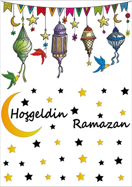 Ramazan Ayıtemalı Sticker Seti Ramazan Süsü Cam Duvar Sticker Çocuk Odası Sticker