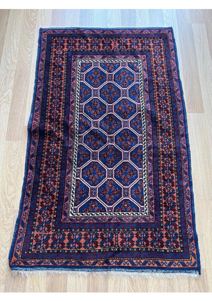 92X146 cm Küçük Mavi Türk Halısı, El Dokuma Yün Halı, Canlı Mavi Tonları, Vintage Yün Halı