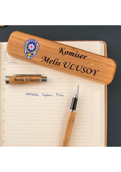 Polislere Özel Isim Yazılı Bambu Kutulu Kalem Seti
