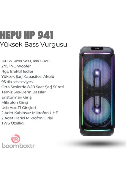 Hp 941 Taşınabilir 160 W Rms Bluetooth Parti Hoparlörü 2*15 Inc Woofer High Bass