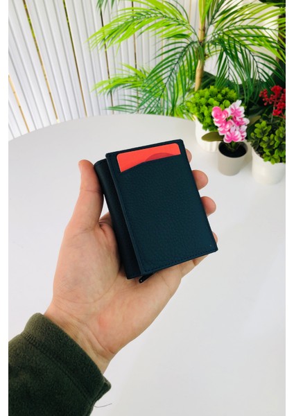 Unisex Mat Lacivert Deri Otomatik Mekanizmalı Kişiye Özel Kartlık Cüzdan