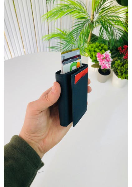 Unisex Mat Lacivert Deri Otomatik Mekanizmalı Kişiye Özel Kartlık Cüzdan modelleri