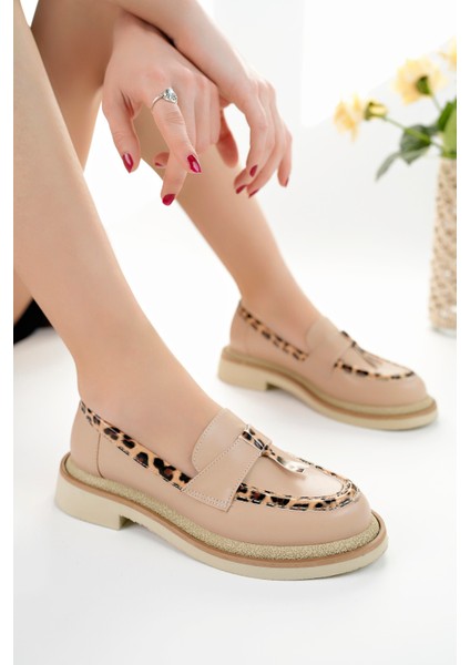 Shadow Model Bej Cilt Leopar Şerit ve Toka Detaylı Kadın Loafer Günlük Ayakkabı