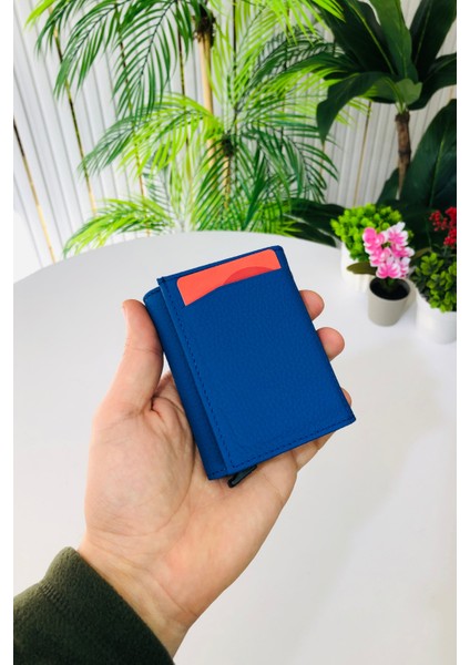Unisex Mat Mavi Deri Otomatik Mekanizmalı Kişiye Özel Kartlık Cüzdan