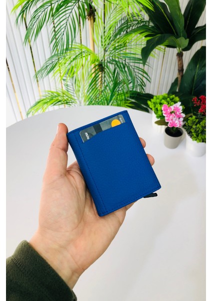 Unisex Mat Mavi Deri Otomatik Mekanizmalı Kişiye Özel Kartlık Cüzdan fiyatları