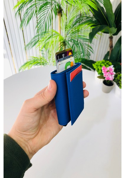 Unisex Mat Mavi Deri Otomatik Mekanizmalı Kişiye Özel Kartlık Cüzdan modelleri
