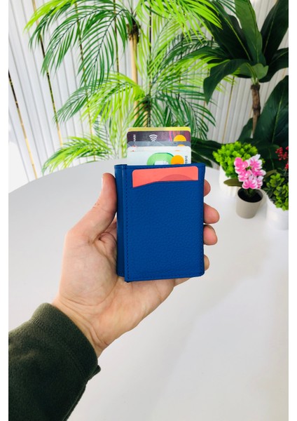 Unisex Mat Mavi Deri Otomatik Mekanizmalı Kişiye Özel Kartlık Cüzdan fırsatları