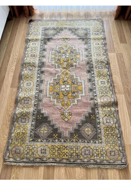 117 x 210 cm Sarı ve Pembe Renkli El Dokuma Halı, Harika Yün Halı, Yumuşak Pastel Tonları, Vintage Bohem Ev Halısı