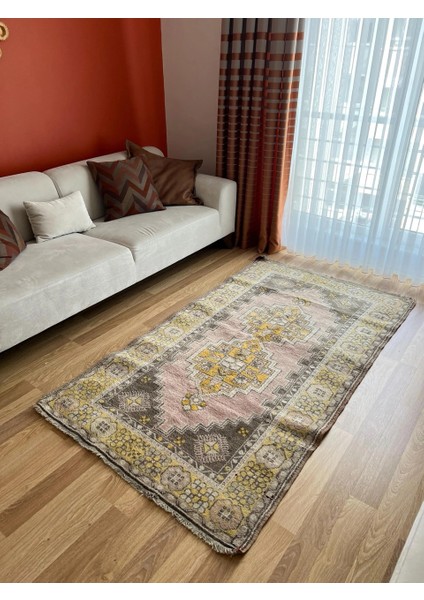 117 x 210 cm Sarı ve Pembe Renkli El Dokuma Halı, Harika Yün Halı, Yumuşak Pastel Tonları, Vintage Bohem Ev Halısı modelleri