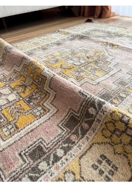 117 x 210 cm Sarı ve Pembe Renkli El Dokuma Halı, Harika Yün Halı, Yumuşak Pastel Tonları, Vintage Bohem Ev Halısı fırsatları