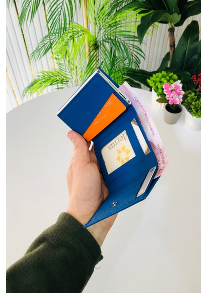 Unisex Mat Mavi Deri Otomatik Mekanizmalı Kişiye Özel Kartlık Cüzdan indirimleri