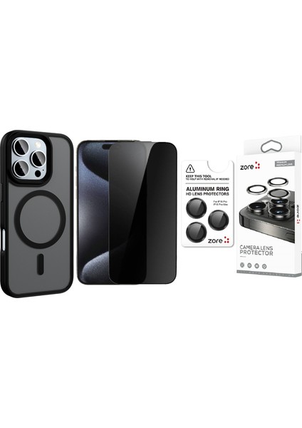 iPhone 16 Pro Max Kılıf Mat Arka Yüzey Wireless Şarj Özellikli Zore Flet Magsafe Kapak + Safir Kamera Lens + Hayalet Ekran Koruyucu