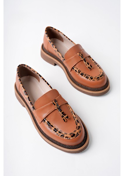 Shadow Model Taba Cilt Leopar Şerit ve Toka Detaylı Kadın Loafer Günlük Ayakkabı