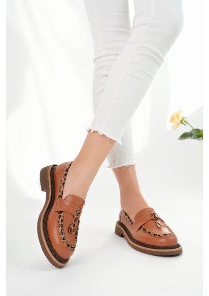 Shadow Model Taba Cilt Leopar Şerit ve Toka Detaylı Kadın Loafer Günlük Ayakkabı