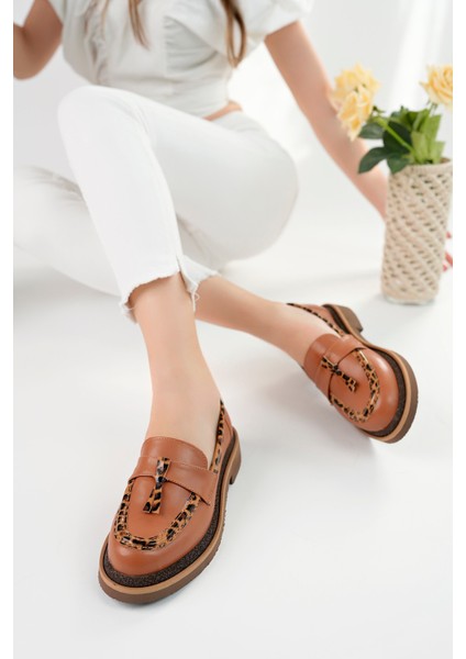 Shadow Model Taba Cilt Leopar Şerit ve Toka Detaylı Kadın Loafer Günlük Ayakkabı